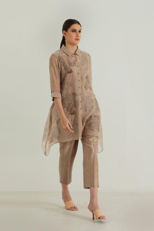 Cotton Chanderi Shirt with Embroidery and Straight Pant in Silk Chander