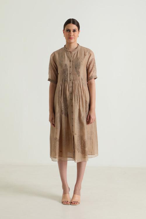 Pleated Dress in Cotton Chanderi with Embroidery