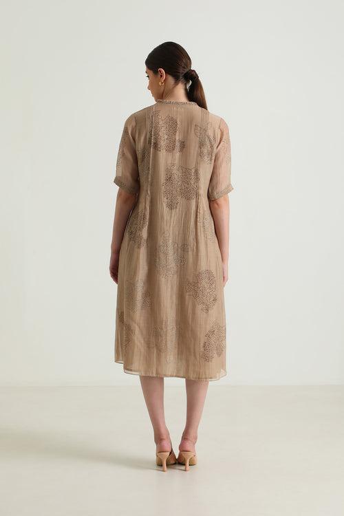 Pleated Dress in Cotton Chanderi with Embroidery