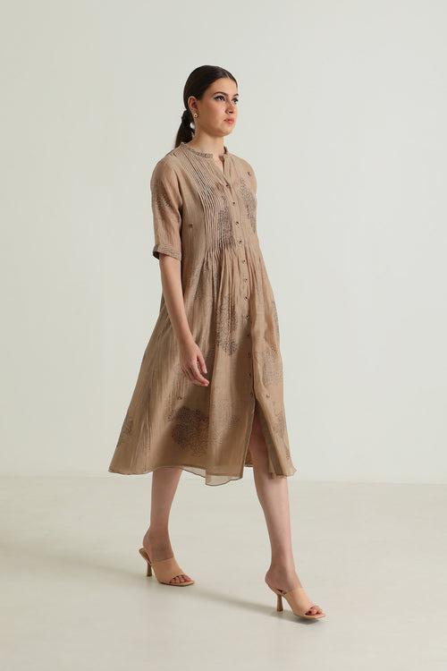 Pleated Dress in Cotton Chanderi with Embroidery