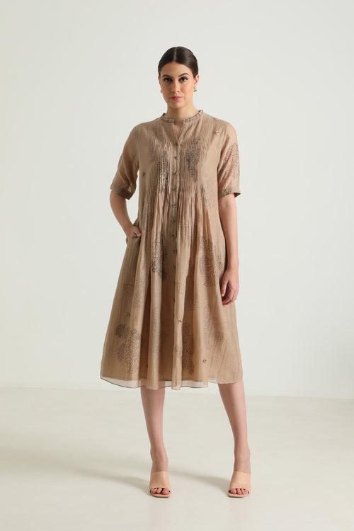 Pleated Dress in Cotton Chanderi with Embroidery