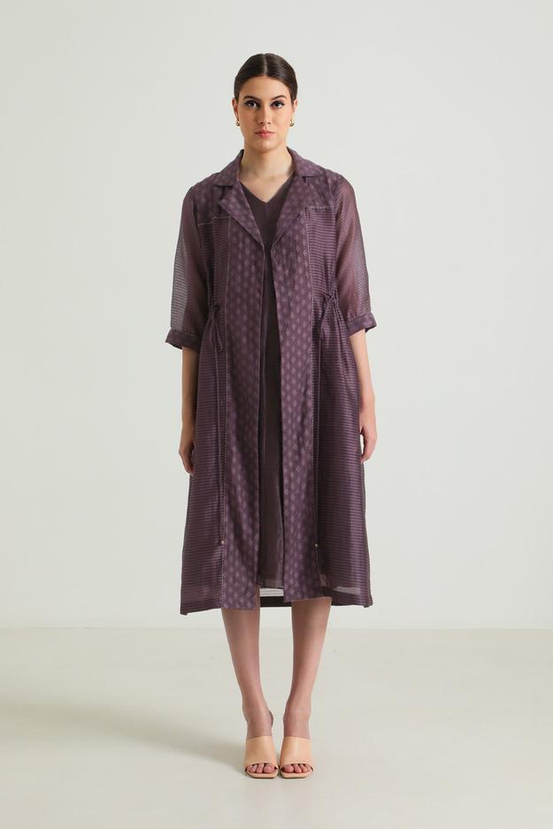 Lavender Solid Jacket In Stripe Organza and Plain Silk Chanderi Dress