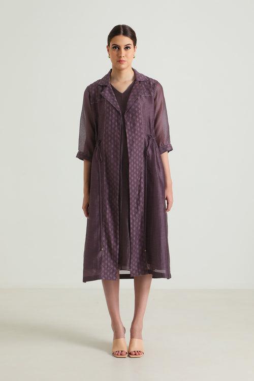 Lavender Solid Jacket In Stripe Organza and Plain Silk Chanderi Dress