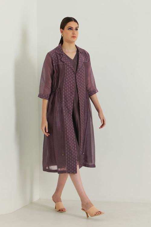 Lavender Solid Jacket In Stripe Organza and Plain Silk Chanderi Dress