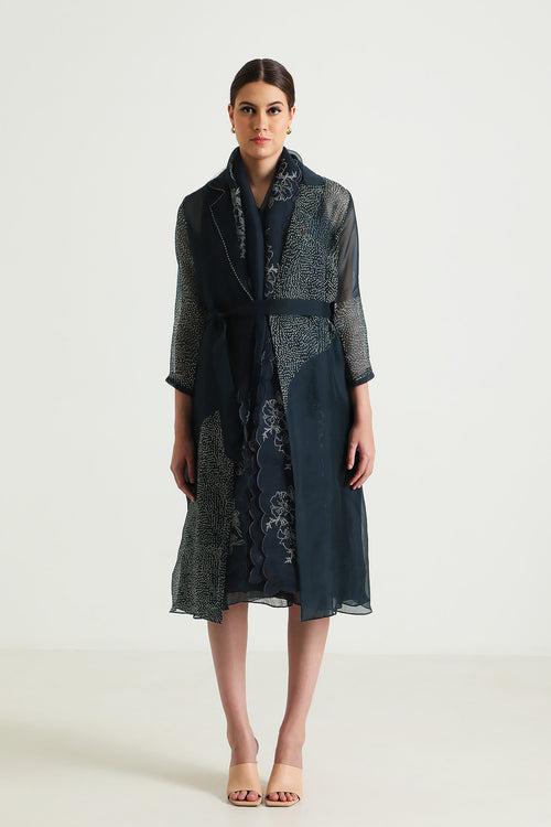 Indigo Printed Organza Jacket with Silk Chanderi Dress