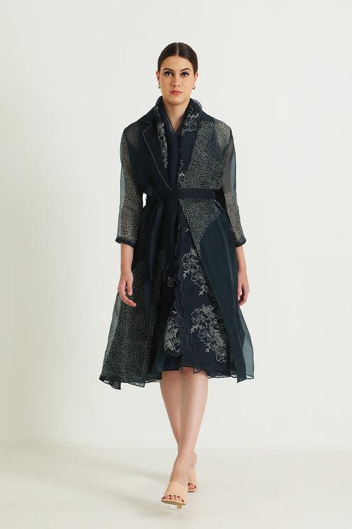 Indigo Printed Organza Jacket with Silk Chanderi Dress