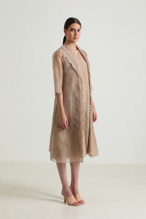 Beige Printed Organza Jacket With Scalloped Collar and Brocade Dress