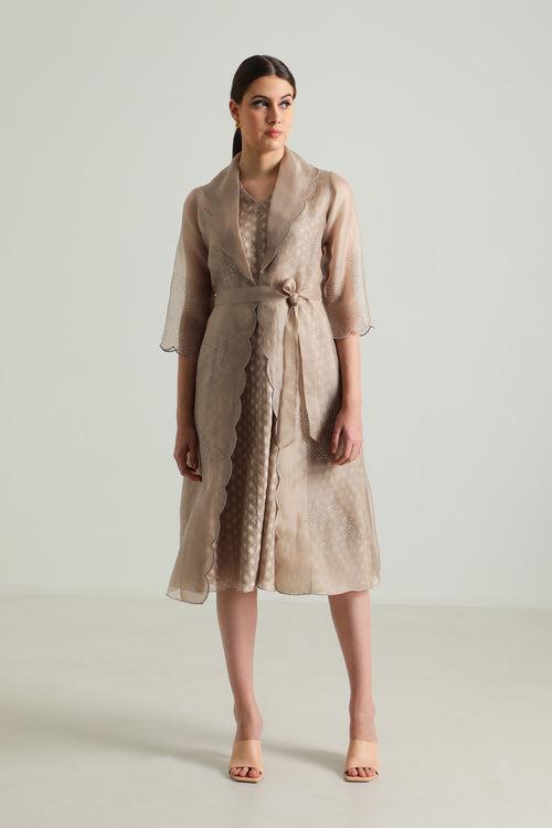 Beige Printed Organza Jacket With Scalloped Collar and Brocade Dress