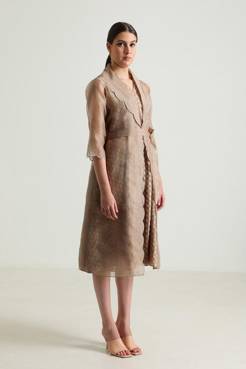 Beige Printed Organza Jacket With Scalloped Collar and Brocade Dress