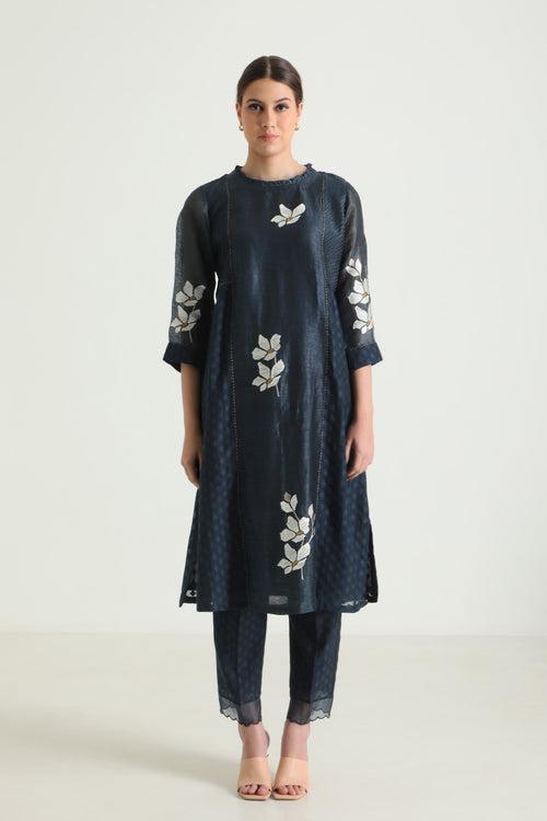 Indigo Tunic In Brocade And Silk Chanderi With Embroidery & Straight Pants In Brocade