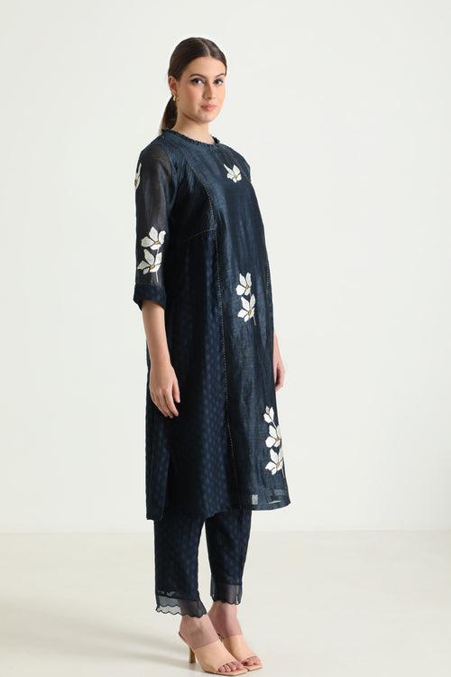 Indigo Tunic In Brocade And Silk Chanderi With Embroidery & Straight Pants In Brocade