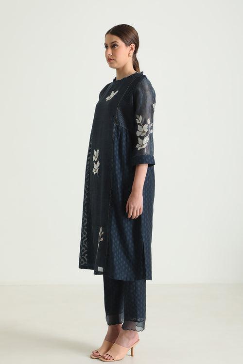 Indigo Tunic In Brocade And Silk Chanderi With Embroidery & Straight Pants In Brocade