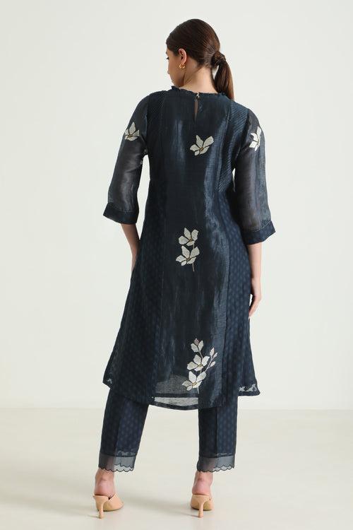 Indigo Tunic In Brocade And Silk Chanderi With Embroidery & Straight Pants In Brocade