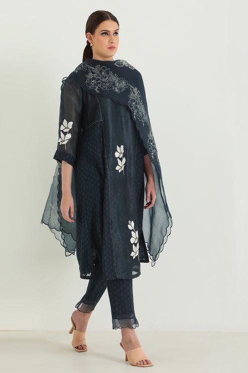 Indigo Tunic In Brocade And Silk Chanderi With Embroidery & Straight Pants In Brocade