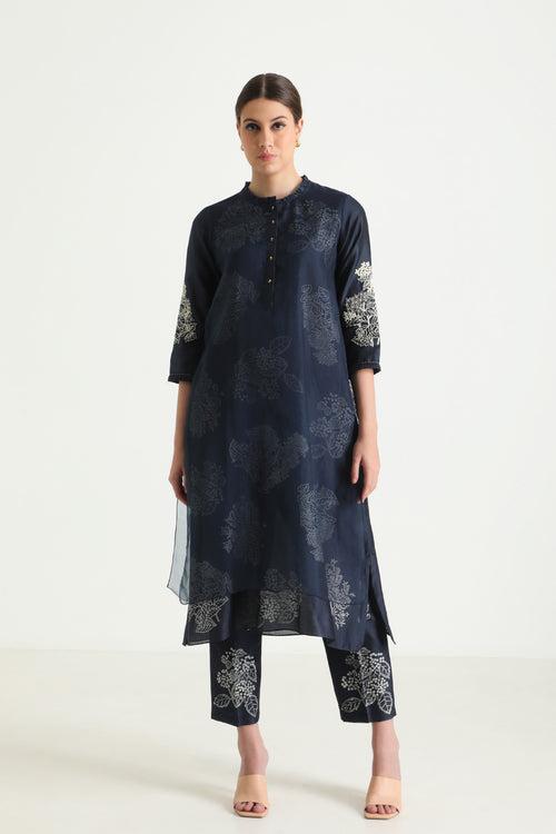 Indigo Doublr Layer Printed Tunic With Printed Straight Pants In Silk Chanderi