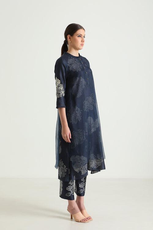 Indigo Doublr Layer Printed Tunic With Printed Straight Pants In Silk Chanderi