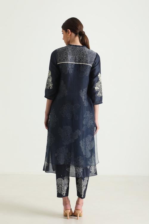 Indigo Doublr Layer Printed Tunic With Printed Straight Pants In Silk Chanderi