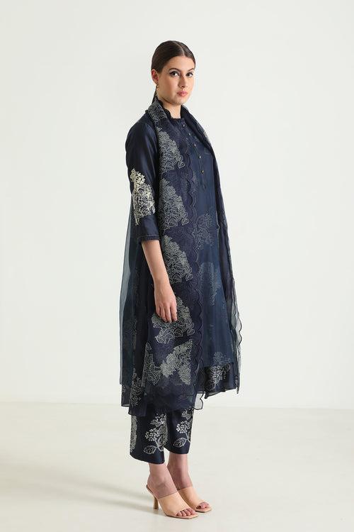 Indigo Doublr Layer Printed Tunic With Printed Straight Pants In Silk Chanderi