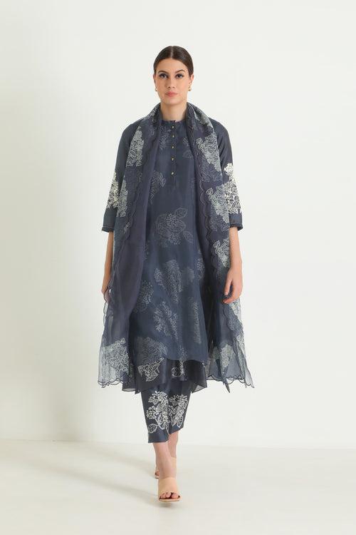 Indigo Doublr Layer Printed Tunic With Printed Straight Pants In Silk Chanderi