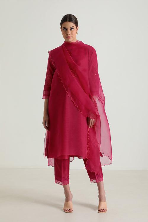 Fuchsia Double Layer Tunic In Organza And Silk Chanderi With Embroifdery & Silk Chanderi Pants