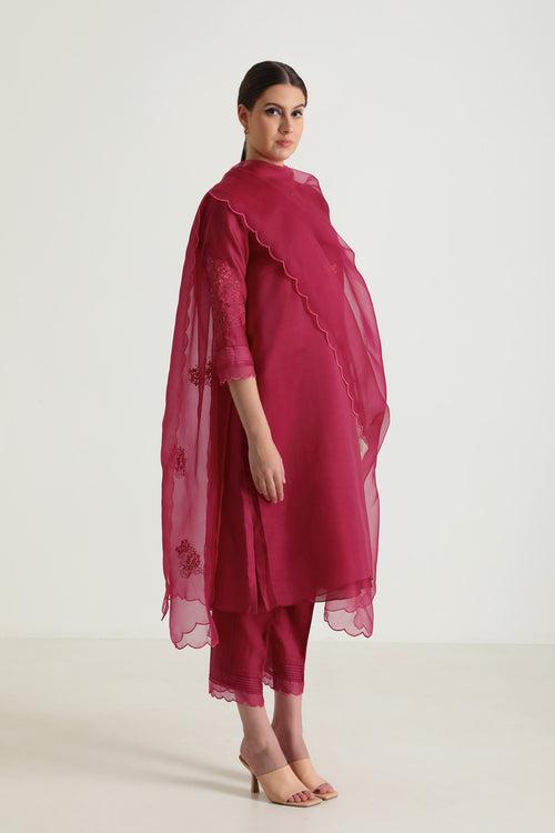 Fuchsia Double Layer Tunic In Organza And Silk Chanderi With Embroifdery & Silk Chanderi Pants