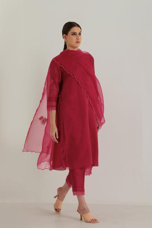 Fuchsia Double Layer Tunic In Organza And Silk Chanderi With Embroifdery & Silk Chanderi Pants