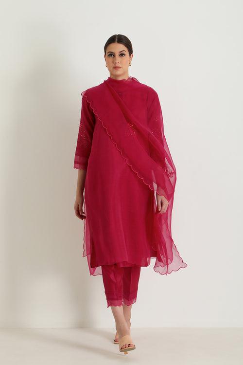 Fuchsia Double Layer Tunic In Organza And Silk Chanderi With Embroifdery & Silk Chanderi Pants