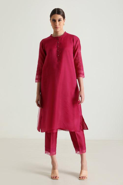 Fuchsia Double Layer Tunic In Organza And Silk Chanderi With Embroifdery & Silk Chanderi Pants