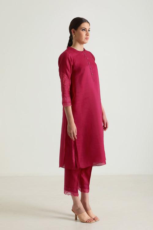 Fuchsia Double Layer Tunic In Organza And Silk Chanderi With Embroifdery & Silk Chanderi Pants