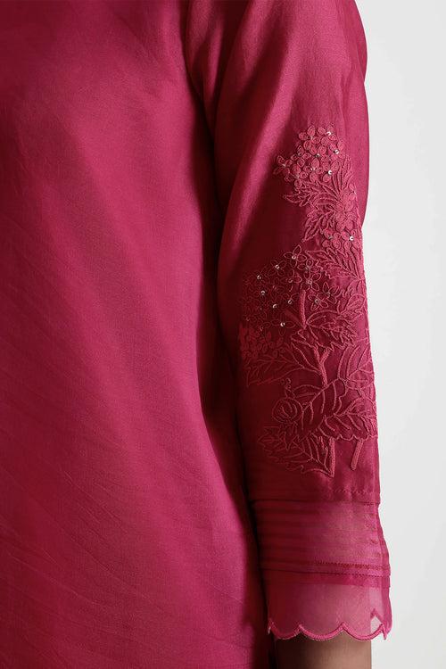 Fuchsia Double Layer Tunic In Organza And Silk Chanderi With Embroifdery & Silk Chanderi Pants