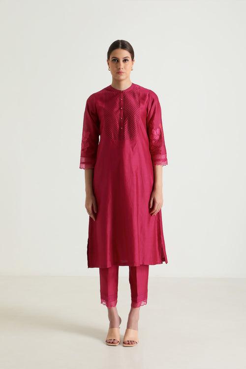 Fuchsia Tunic In Silk Chanderi With Embroidery On Sleeves & Silk Chanderi Pants