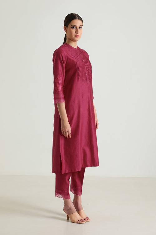 Fuchsia Tunic In Silk Chanderi With Embroidery On Sleeves & Silk Chanderi Pants