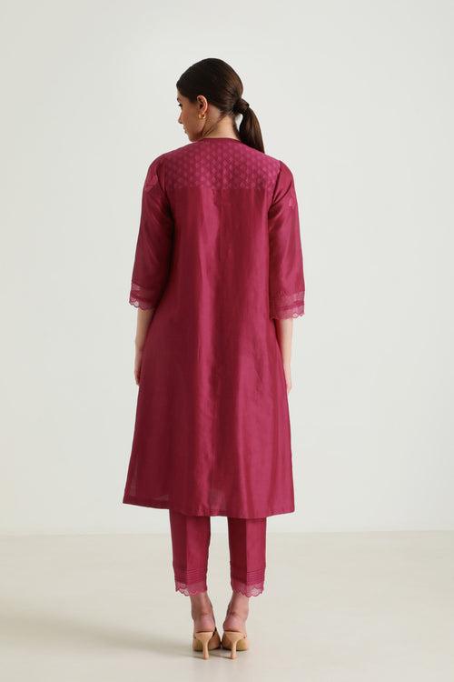 Fuchsia Tunic In Silk Chanderi With Embroidery On Sleeves & Silk Chanderi Pants