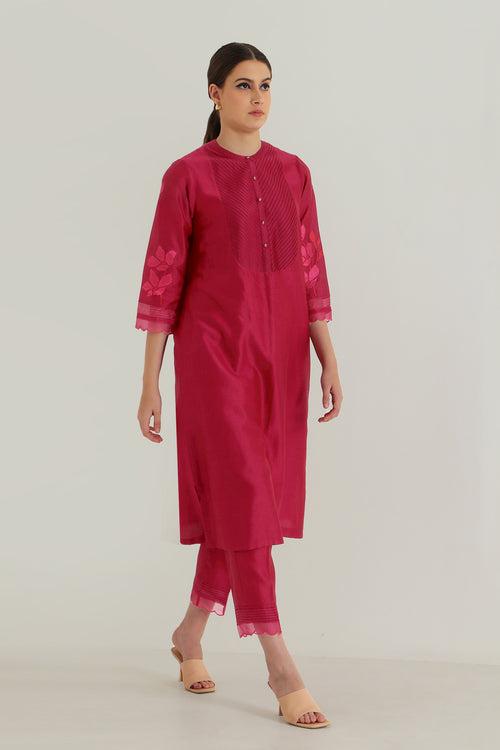 Fuchsia Tunic In Silk Chanderi With Embroidery On Sleeves & Silk Chanderi Pants