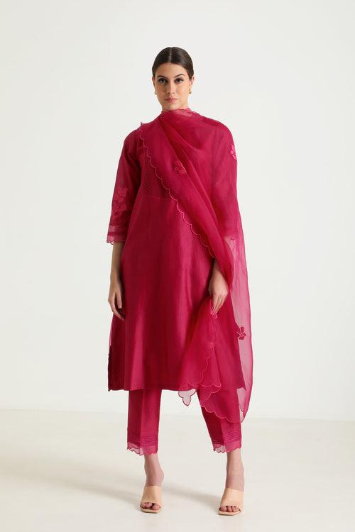 Fuchsia Tunic In Silk Chanderi With Embroidery On Sleeves & Silk Chanderi Pants