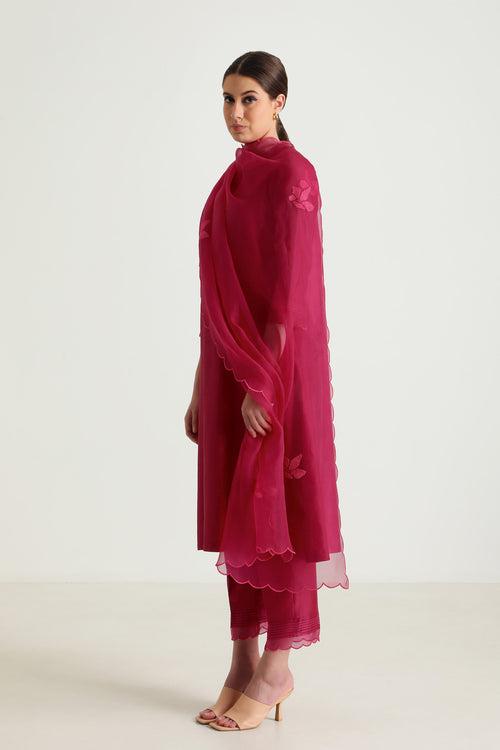 Fuchsia Tunic In Silk Chanderi With Embroidery On Sleeves & Silk Chanderi Pants