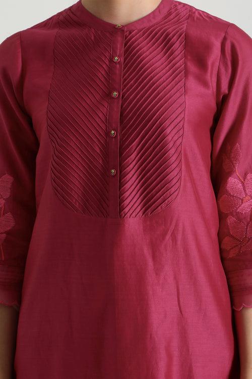 Fuchsia Tunic In Silk Chanderi With Embroidery On Sleeves & Silk Chanderi Pants