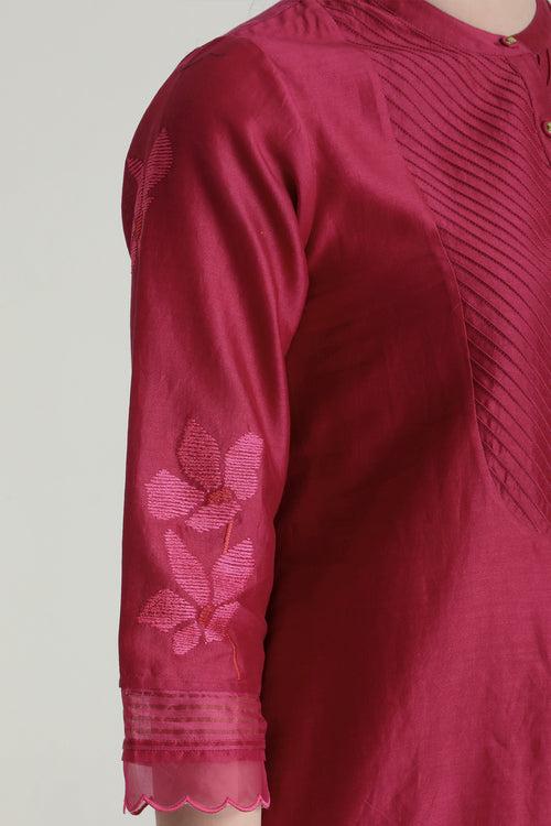 Fuchsia Tunic In Silk Chanderi With Embroidery On Sleeves & Silk Chanderi Pants