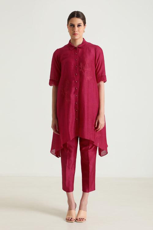 Fuchsia Tunic In Linen With Embroidery & Silk Chanderi Pants