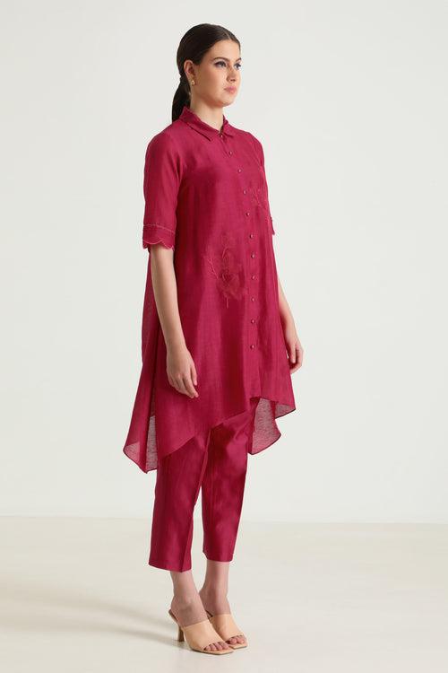 Fuchsia Tunic In Linen With Embroidery & Silk Chanderi Pants