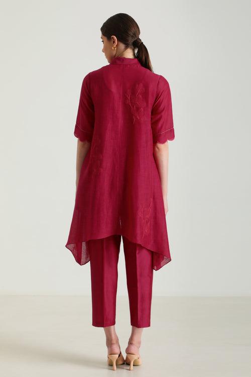 Fuchsia Tunic In Linen With Embroidery & Silk Chanderi Pants