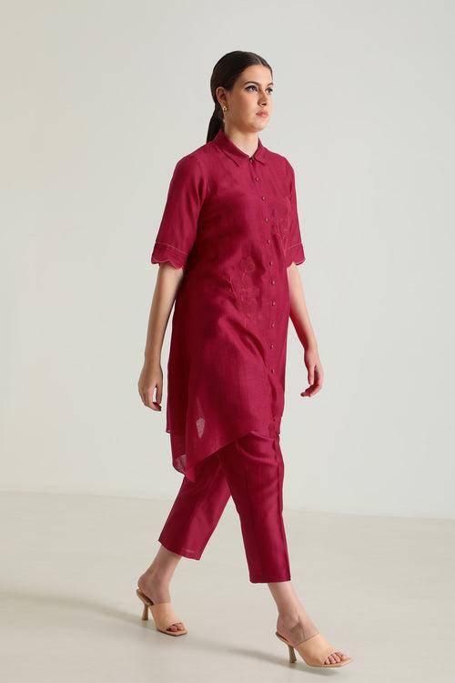 Fuchsia Tunic In Linen With Embroidery & Silk Chanderi Pants