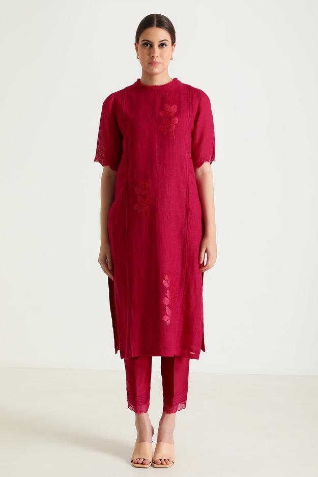 Fuchsia Tunic In Gauze Linen With Carnation Embroidery & Silk Chanderi Pants