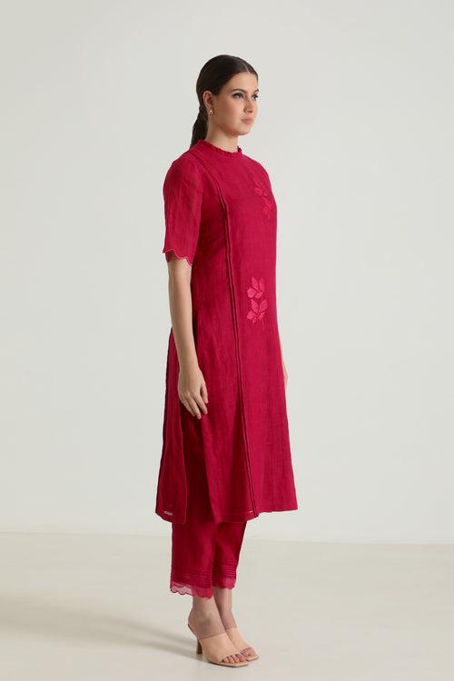 Fuchsia Tunic In Gauze Linen With Carnation Embroidery & Silk Chanderi Pants