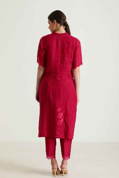 Fuchsia Tunic In Gauze Linen With Carnation Embroidery & Silk Chanderi Pants