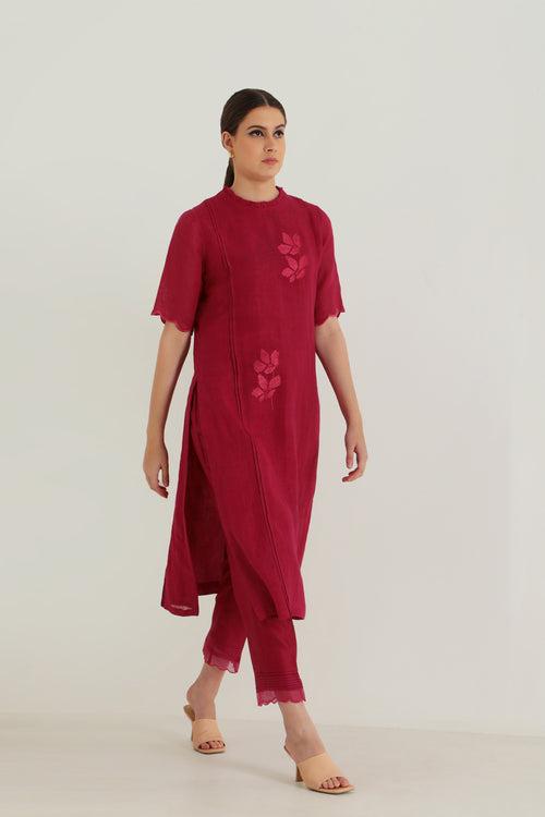 Fuchsia Tunic In Gauze Linen With Carnation Embroidery & Silk Chanderi Pants