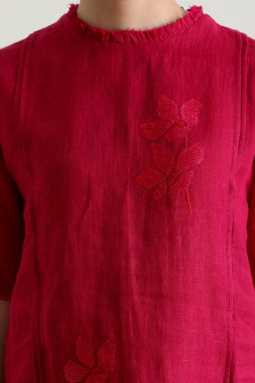 Fuchsia Tunic In Gauze Linen With Carnation Embroidery & Silk Chanderi Pants