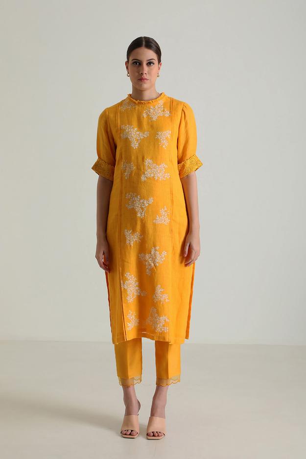 Mustard Tunic In Gauze Linen With Embroidery & Silk Chanderi Pants