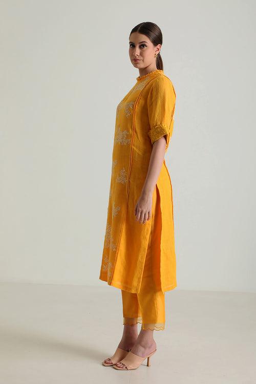 Mustard Tunic In Gauze Linen With Embroidery & Silk Chanderi Pants