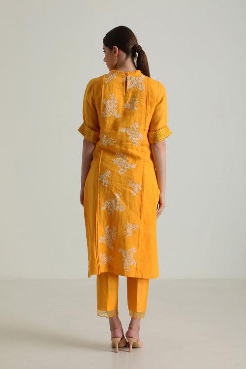 Mustard Tunic In Gauze Linen With Embroidery & Silk Chanderi Pants